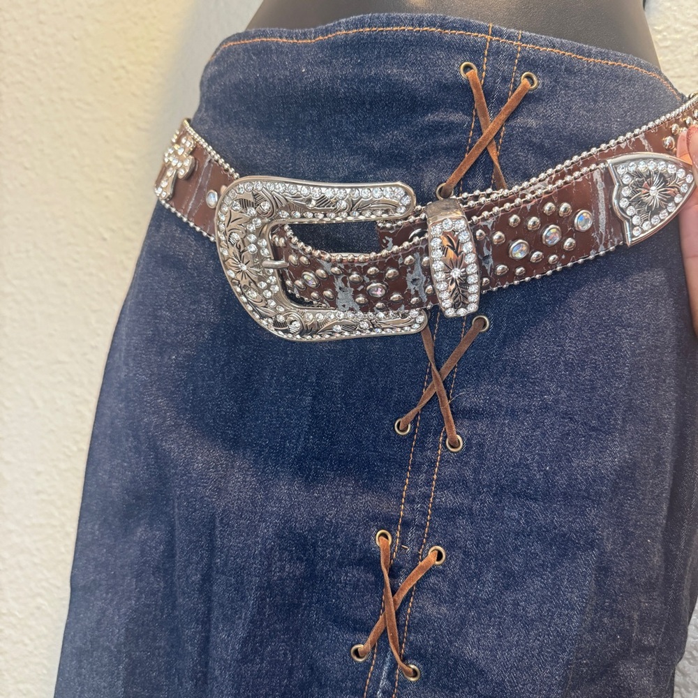 Y2K Western Belt Women's Brown Leather Bling cross charms Rhinestone Cowgirl 38”